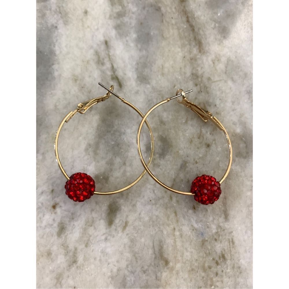 Gold Hoop Earrings with Crystal Red Fireball #holiday
